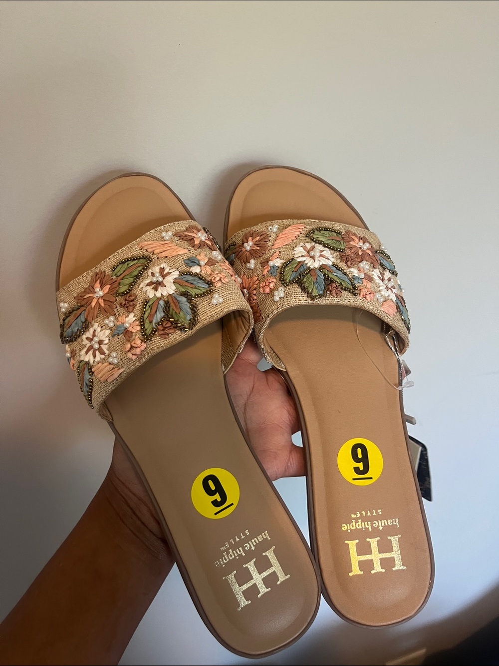 Haute Hippie Embroidered Beaded Slide Sandals in Tan and Peach